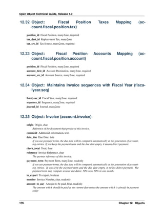 Open Object Technical Guide, Release 1.0

12.32 Object:
Fiscal
Position
count.ﬁscal.position.tax)

Taxes

Mapping

(ac-

position_id Fiscal Position, many2one, required
tax_dest_id Replacement Tax, many2one
tax_src_id Tax Source, many2one, required

12.33 Object:
Fiscal
Position
count.ﬁscal.position.account)

Accounts

Mapping

(ac-

position_id Fiscal Position, many2one, required
account_dest_id Account Destination, many2one, required
account_src_id Account Source, many2one, required

12.34 Object: Maintains Invoice sequences with Fiscal Year (ﬁscalyear.seq)
ﬁscalyear_id Fiscal Year, many2one, required
sequence_id Sequence, many2one, required
journal_id Journal, many2one

12.35 Object: Invoice (account.invoice)
origin Origin, char
Reference of the document that produced this invoice.
comment Additional Information, text
date_due Due Date, date
If you use payment terms, the due date will be computed automatically at the generation of accounting entries. If you keep the payment term and the due date empty, it means direct payment.
check_total Total, ﬂoat
reference Invoice Reference, char
The partner reference of this invoice.
payment_term Payment Term, many2one, readonly
If you use payment terms, the due date will be computed automatically at the generation of accounting entries. If you keep the payment term and the due date empty, it means direct payment. The
payment term may compute several due dates: 50% now, 50% in one month.
to_export To export, boolean
number Invoice Number, char, readonly
amount_to_pay Amount to be paid, ﬂoat, readonly
The amount which should be paid at the current date minus the amount which is already in payment
order

176

Chapter 12. Objects

 