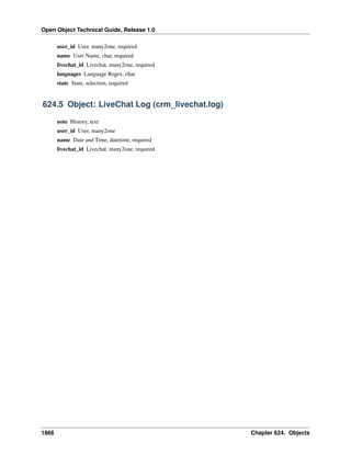 Open Object Technical Guide, Release 1.0
user_id User, many2one, required
name User Name, char, required
livechat_id Livechat, many2one, required
languages Language Regex, char
state State, selection, required

624.5 Object: LiveChat Log (crm_livechat.log)
note History, text
user_id User, many2one
name Date and Time, datetime, required
livechat_id Livechat, many2one, required

1866

Chapter 624. Objects

 