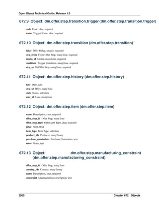 Open Object Technical Guide, Release 1.0

672.9 Object: dm.offer.step.transition.trigger (dm.offer.step.transition.trigger)
code Code, char, required
name Trigger Name, char, required

672.10 Object: dm.offer.step.transition (dm.offer.step.transition)
delay Offer Delay, integer, required
step_from From Offer Step, many2one, required
media_id Media, many2one, required
condition Trigger Condition, many2one, required
step_to To Offer Step, many2one, required

672.11 Object: dm.offer.step.history (dm.offer.step.history)
date Date, date
step_id Offer, many2one
state Status, selection
user_id User, many2one

672.12 Object: dm.offer.step.item (dm.offer.step.item)
name Description, char, required
offer_step_id Offer Step, many2one
offer_step_type Offer Step Type, char, readonly
price Price, ﬂoat
item_type Item Type, selection
product_ids Products, many2many
purchase_constraints Purchase Constraints, text
notes Notes, text

672.13 Object:
dm.offer.step.manufacturing_constraint
(dm.offer.step.manufacturing_constraint)
offer_step_id Offer Step, many2one
country_ids Country, many2many
name Description, char, required
constraint Manufacturing Description, text

2000

Chapter 672. Objects

 