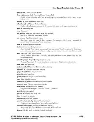 Open Object Technical Guide, Release 1.0
package_ok Used in Package, boolean
hours_qtt_non_invoiced Uninvoiced Hours, ﬂoat, readonly
Number of hours (from journal of type ‘general’) that can be invoiced if you invoice based on analytic account.
partner_id Associated partner, many2one
all_add_avail All Adresses Available, boolean
Used to order all adresses available in the customers list based on the segmentation criteria
split_id Split, many2one
note Notes, text
last_worked_date Date of Last Cost/Work, date, readonly
Date of the latest work done on this account.
start_census Start Census (days), integer
The recency is the time since the latest purchase. For example : A 0-30 recency means all the
customers that have purchased in the last 30 days
user_id Account Manager, many2one
to_invoice Reinvoice Costs, many2one
Check this ﬁeld if you plan to automatically generate invoices based on the costs in this analytic
account: timesheets, expenses, ...You can conﬁgure an automatic invoice rate on analytic accounts.
total_cost Total Costs, ﬂoat, readonly
Total of costs for this account. It includes real costs (from invoices) and indirect costs, like time
spent on timesheets.
quantity_purged Purged Quantity, integer, readonly
The purged quantity is the number of addresses removed from deduplication and cleaning.
date_start Date Start, date
customers_ﬁle_id Customers File, many2one, readonly
company_id Company, many2one, required
proposition_id Proposition, many2one
reuse_id Reuse, many2one
parent_id Parent analytic account, many2one
state State, selection, required
customers_list_id Customers List, many2one, required
complete_name Account Name, char, readonly
real_margin Real Margin, ﬂoat, readonly
Computed using the formula: Invoiced Amount - Total Costs.
debit Debit, ﬂoat, readonly
pricelist_id Sale Pricelist, many2one
type Account type, selection
quantity Quantity, ﬂoat, readonly
quantity_cleaned_dedup Cleaned Quantity, integer
The quantity of wrong addresses removed by the deduplicator.
quantity_dedup_dedup Deduplication Quantity, integer
The quantity of duplicated addresses removed by the deduplicator.
journal_rate_ids Invoicing Rate per Journal, one2many

672.23. Object: A subset of addresses coming from a customers ﬁle
(dm.campaign.proposition.segment)

2009

 