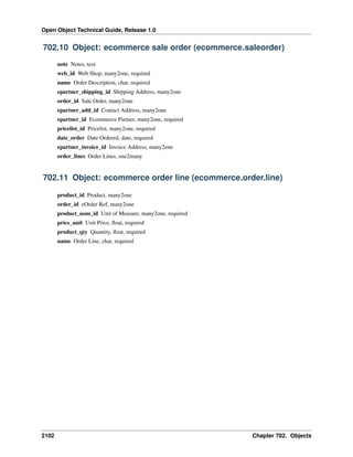 Open Object Technical Guide, Release 1.0

702.10 Object: ecommerce sale order (ecommerce.saleorder)
note Notes, text
web_id Web Shop, many2one, required
name Order Description, char, required
epartner_shipping_id Shipping Address, many2one
order_id Sale Order, many2one
epartner_add_id Contact Address, many2one
epartner_id Ecommerce Partner, many2one, required
pricelist_id Pricelist, many2one, required
date_order Date Ordered, date, required
epartner_invoice_id Invoice Address, many2one
order_lines Order Lines, one2many

702.11 Object: ecommerce order line (ecommerce.order.line)
product_id Product, many2one
order_id eOrder Ref, many2one
product_uom_id Unit of Measure, many2one, required
price_unit Unit Price, ﬂoat, required
product_qty Quantity, ﬂoat, required
name Order Line, char, required

2102

Chapter 702. Objects

 