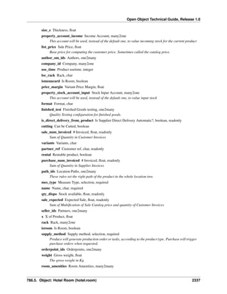 Open Object Technical Guide, Release 1.0
size_z Thickness, ﬂoat
property_account_income Income Account, many2one
This account will be used, instead of the default one, to value incoming stock for the current product
list_price Sale Price, ﬂoat
Base price for computing the customer price. Sometimes called the catalog price.
author_om_ids Authors, one2many
company_id Company, many2one
use_time Product usetime, integer
loc_rack Rack, char
ismenucard Is Room, boolean
price_margin Variant Price Margin, ﬂoat
property_stock_account_input Stock Input Account, many2one
This account will be used, instead of the default one, to value input stock
format Format, char
ﬁnished_test Finished Goods testing, one2many
Quality Testing conﬁguration for ﬁnished goods.
is_direct_delivery_from_product Is Supplier Direct Delivery Automatic?, boolean, readonly
cutting Can be Cutted, boolean
sale_num_invoiced # Invoiced, ﬂoat, readonly
Sum of Quantity in Customer Invoices
variants Variants, char
partner_ref Customer ref, char, readonly
rental Rentable product, boolean
purchase_num_invoiced # Invoiced, ﬂoat, readonly
Sum of Quantity in Supplier Invoices
path_ids Location Paths, one2many
These rules set the right path of the product in the whole location tree.
mes_type Measure Type, selection, required
name Name, char, required
qty_dispo Stock available, ﬂoat, readonly
sale_expected Expected Sale, ﬂoat, readonly
Sum of Multiﬁcation of Sale Catalog price and quantity of Customer Invoices
seller_ids Partners, one2many
x X of Product, ﬂoat
rack Rack, many2one
isroom Is Room, boolean
supply_method Supply method, selection, required
Produce will generate production order or tasks, according to the product type. Purchase will trigger
purchase orders when requested.
orderpoint_ids Orderpoints, one2many
weight Gross weight, ﬂoat
The gross weight in Kg.
room_amenities Room Amenities, many2many

786.5. Object: Hotel Room (hotel.room)

2337

 
