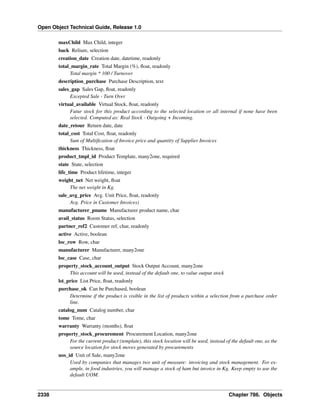 Open Object Technical Guide, Release 1.0
maxChild Max Child, integer
back Reliure, selection
creation_date Creation date, datetime, readonly
total_margin_rate Total Margin (%), ﬂoat, readonly
Total margin * 100 / Turnover
description_purchase Purchase Description, text
sales_gap Sales Gap, ﬂoat, readonly
Excepted Sale - Turn Over
virtual_available Virtual Stock, ﬂoat, readonly
Futur stock for this product according to the selected location or all internal if none have been
selected. Computed as: Real Stock - Outgoing + Incoming.
date_retour Return date, date
total_cost Total Cost, ﬂoat, readonly
Sum of Multiﬁcation of Invoice price and quantity of Supplier Invoices
thickness Thickness, ﬂoat
product_tmpl_id Product Template, many2one, required
state State, selection
life_time Product lifetime, integer
weight_net Net weight, ﬂoat
The net weight in Kg.
sale_avg_price Avg. Unit Price, ﬂoat, readonly
Avg. Price in Customer Invoices)
manufacturer_pname Manufacturer product name, char
avail_status Room Status, selection
partner_ref2 Customer ref, char, readonly
active Active, boolean
loc_row Row, char
manufacturer Manufacturer, many2one
loc_case Case, char
property_stock_account_output Stock Output Account, many2one
This account will be used, instead of the default one, to value output stock
lst_price List Price, ﬂoat, readonly
purchase_ok Can be Purchased, boolean
Determine if the product is visible in the list of products within a selection from a purchase order
line.
catalog_num Catalog number, char
tome Tome, char
warranty Warranty (months), ﬂoat
property_stock_procurement Procurement Location, many2one
For the current product (template), this stock location will be used, instead of the default one, as the
source location for stock moves generated by procurements
uos_id Unit of Sale, many2one
Used by companies that manages two unit of measure: invoicing and stock management. For example, in food industries, you will manage a stock of ham but invoice in Kg. Keep empty to use the
default UOM.

2338

Chapter 786. Objects

 
