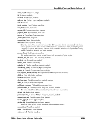 Open Object Technical Guide, Release 1.0
esale_osc_id esale_osc Id, integer
id ID, integer, readonly
invoiced Paid, boolean, readonly
delivery_line Delivery Lines, one2many, readonly
note Notes, text
ﬁscal_position Fiscal Position, many2one
user_id Salesman, many2one
partner_id Customer, many2one, readonly
payment_term Payment Term, many2one
parent_so Parent Sales Order, many2one
journal_id Journal, many2one
amount_tax Taxes, ﬂoat, readonly
state Order State, selection, readonly
Gives the state of the quotation or sale order. The exception state is automatically set when a
cancel operation occurs in the invoice validation (Invoice Exception) or in the packing list process
(Shipping Exception). The ‘Waiting Schedule’ state is set when the invoice is conﬁrmed but waiting
for the scheduler to be on the date ‘Date Ordered’.
partner_bank Bank Account, many2one
The bank account to pay to or to be paid from. It will be transferred to the invoice
abstract_line_ids Order Lines, one2many, readonly
invoiced_rate Invoiced, ﬂoat, readonly
service_lines unknown, one2many
pricelist_id Pricelist, many2one, required, readonly
advertising_agency Advertising Agency, many2one
project_id Analytic Account, many2one, readonly
has_supplier_direct_delivery Has Supplier Direct Delivery, boolean, readonly
child_so Child Sales Order, one2many
incoterm Incoterm, selection
checkout_date Check Out, datetime, required, readonly
order_id order_id, many2one, required
published_customer Published Customer, many2one
partner_order_id Ordering Contact, many2one, required, readonly
The name and address of the contact that requested the order or quotation.
picked_rate Picked, ﬂoat, readonly
partner_invoice_id Invoice Address, many2one, required, readonly
amount_untaxed Untaxed Amount, ﬂoat, readonly
invoice_type_id Invoice Type, many2one
picking_ids Related Packings, one2many, readonly
This is the list of picking list that have been generated for this invoice
amount_total Total, ﬂoat, readonly
name Order Reference, char, required
esale_osc_web Website, many2one

786.6. Object: hotel folio new (hotel.folio)

2343

 