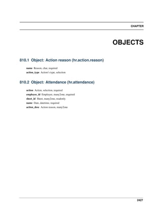 CHAPTER

OBJECTS
810.1 Object: Action reason (hr.action.reason)
name Reason, char, required
action_type Action’s type, selection

810.2 Object: Attendance (hr.attendance)
action Action, selection, required
employee_id Employee, many2one, required
sheet_id Sheet, many2one, readonly
name Date, datetime, required
action_desc Action reason, many2one

2427

 