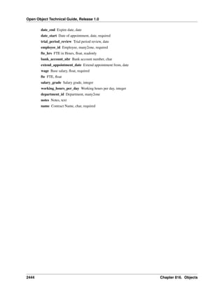 Open Object Technical Guide, Release 1.0
date_end Expire date, date
date_start Date of appointment, date, required
trial_period_review Trial period review, date
employee_id Employee, many2one, required
fte_hrs FTE in Hours, ﬂoat, readonly
bank_account_nbr Bank account number, char
extend_appointment_date Extend appointment from, date
wage Base salary, ﬂoat, required
fte FTE, ﬂoat
salary_grade Salary grade, integer
working_hours_per_day Working hours per day, integer
department_id Department, many2one
notes Notes, text
name Contract Name, char, required

2444

Chapter 816. Objects

 
