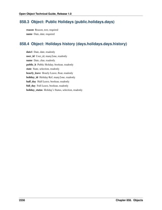 Open Object Technical Guide, Release 1.0

858.3 Object: Public Holidays (public.holidays.days)
reason Reason, text, required
name Date, date, required

858.4 Object: Holidays history (days.holidays.days.history)
date1 Date, date, readonly
user_id User_id, many2one, readonly
name Date, char, readonly
public_h Public Holiday, boolean, readonly
state State, selection, readonly
hourly_leave Hourly Leave, ﬂoat, readonly
holiday_id Holiday Ref, many2one, readonly
half_day Half Leave, boolean, readonly
full_day Full Leave, boolean, readonly
holiday_status Holiday’s Status, selection, readonly

2556

Chapter 858. Objects

 