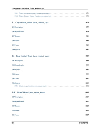 Open Object Technical Guide, Release 1.0
294.1 Object: res.partner.contact (res.partner.contact) . . . . . . . . . . . . . . . . . . . . . . . . . . . . . 971
294.2 Object: Contact Partner Function (res.partner.job) . . . . . . . . . . . . . . . . . . . . . . . . . . . 972

L

City for base_contat (base_contact_city)

973

295Description

977

296Dependencies

979

297Reports

981

298Menus

983

299Views

985

300Objects

987

LI

Base Contact Team (base_contact_team)

989

301Description

993

302Dependencies

995

303Reports

997

304Menus

999

305Views

1001

306Objects

1003

306.1 Object: res.partner.team (res.partner.team) . . . . . . . . . . . . . . . . . . . . . . . . . . . . . . . 1003

LII

Menu Wizard (base_create_menu)

1005

307Description

1009

308Dependencies

1011

309Reports

1013

310Menus

1015

311Views

1017

22

CONTENTS

 