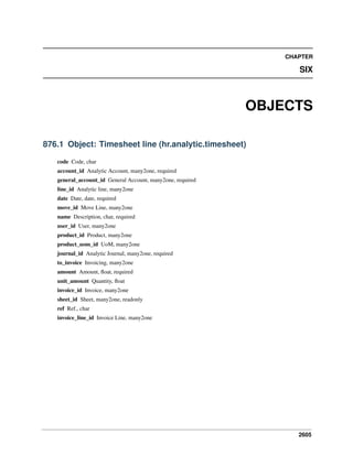 CHAPTER

SIX

OBJECTS
876.1 Object: Timesheet line (hr.analytic.timesheet)
code Code, char
account_id Analytic Account, many2one, required
general_account_id General Account, many2one, required
line_id Analytic line, many2one
date Date, date, required
move_id Move Line, many2one
name Description, char, required
user_id User, many2one
product_id Product, many2one
product_uom_id UoM, many2one
journal_id Analytic Journal, many2one, required
to_invoice Invoicing, many2one
amount Amount, ﬂoat, required
unit_amount Quantity, ﬂoat
invoice_id Invoice, many2one
sheet_id Sheet, many2one, readonly
ref Ref., char
invoice_line_id Invoice Line, many2one

2605

 
