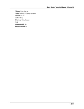 Open Object Technical Guide, Release 1.0
Module l10n_chart_au
Name Australia - Chart of Accounts
Version 5.0.1.0
Author Tiny
Directory l10n_chart_au
Web
Ofﬁcial module no
Quality certiﬁed no

2817

 