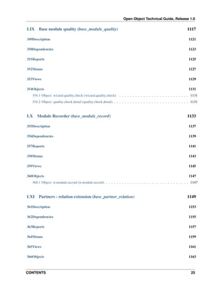 Open Object Technical Guide, Release 1.0

LIX

Base module quality (base_module_quality)

1117

349Description

1121

350Dependencies

1123

351Reports

1125

352Menus

1127

353Views

1129

354Objects

1131

354.1 Object: wizard.quality.check (wizard.quality.check) . . . . . . . . . . . . . . . . . . . . . . . . . . 1131
354.2 Object: quality.check.detail (quality.check.detail) . . . . . . . . . . . . . . . . . . . . . . . . . . . . 1131

LX

Module Recorder (base_module_record)

1133

355Description

1137

356Dependencies

1139

357Reports

1141

358Menus

1143

359Views

1145

360Objects

1147

360.1 Object: ir.module.record (ir.module.record) . . . . . . . . . . . . . . . . . . . . . . . . . . . . . . . 1147

LXI

Partners - relation extension (base_partner_relation)

1149

361Description

1153

362Dependencies

1155

363Reports

1157

364Menus

1159

365Views

1161

366Objects

1163

CONTENTS

25

 