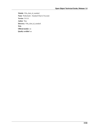 Open Object Technical Guide, Release 1.0
Module l10n_chart_nl_standard
Name Netherlands - Standard Chart of Account
Version 5.0.1.0
Author Tiny
Directory l10n_chart_nl_standard
Web
Ofﬁcial module no
Quality certiﬁed no

3105

 