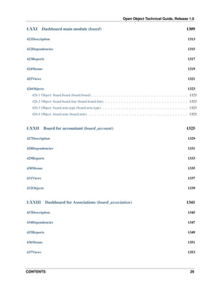 Open Object Technical Guide, Release 1.0

LXXI

Dashboard main module (board)

1309

421Description

1313

422Dependencies

1315

423Reports

1317

424Menus

1319

425Views

1321

426Objects

1323

426.1 Object: board.board (board.board) . . . . . . . . . . . . . . . . . . . . . . . . . . . . . . . . . . . . 1323
426.2 Object: board.board.line (board.board.line) . . . . . . . . . . . . . . . . . . . . . . . . . . . . . . . 1323
426.3 Object: board.note.type (board.note.type) . . . . . . . . . . . . . . . . . . . . . . . . . . . . . . . . 1323
426.4 Object: board.note (board.note) . . . . . . . . . . . . . . . . . . . . . . . . . . . . . . . . . . . . . 1323

LXXII

Board for accountant (board_account)

1325

427Description

1329

428Dependencies

1331

429Reports

1333

430Menus

1335

431Views

1337

432Objects

1339

LXXIII

Dashboard for Associations (board_association)

1341

433Description

1345

434Dependencies

1347

435Reports

1349

436Menus

1351

437Views

1353

CONTENTS

29

 