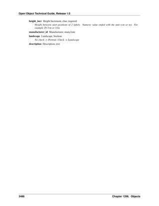 Open Object Technical Guide, Release 1.0
height_incr Height Increment, char, required
Height between start positions of 2 labels. Numeric value ended with the unit (cm or in). For
example 29.7cm or 11in
manufacturer_id Manufacturer, many2one
landscape Landscape, boolean
No check -> Portrait. Check -> Landscape
description Description, text

3486

Chapter 1206. Objects

 