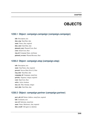CHAPTER

OBJECTS
1230.1 Object: campaign.campaign (campaign.campaign)
info Description, text
date_stop Stop Date, date
name Name, char, required
date_start Start Date, date
planned_costs Planned Costs, ﬂoat
costs Initial Costs, ﬂoat
step_id Campaign Steps, one2many
planned_revenue Planned Revenue, ﬂoat

1230.2 Object: campaign.step (campaign.step)
info Description, text
name Step Name, char, required
procent Success Rate (0<x<1), ﬂoat
stop_date Stop Date, date
campaign_id Campaign, many2one
priority Sequence, integer, required
costs Step Costs, ﬂoat
active Active, boolean
max_try Max Attemps, integer
start_date Start Date, date

1230.3 Object: campaign.partner (campaign.partner)
part_adr_id Partner Address, many2one, required
info Comments, text
user_id Salesman, many2one
name Name / Reference, char, required
date_recall Call again on, datetime

3549

 