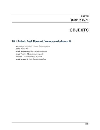 CHAPTER

SEVENTYEIGHT

OBJECTS
78.1 Object: Cash Discount (account.cash.discount)
payment_id Associated Payment Term, many2one
name Name, char
credit_account_id Credit Account, many2one
delay Number of Days, integer, required
discount Discount (%), ﬂoat, required
debit_account_id Debit Account, many2one

357

 