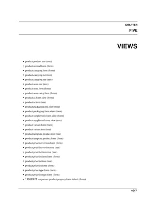 CHAPTER

FIVE

VIEWS
• product.product.tree (tree)
• product.normal.form (form)
• product.category.form (form)
• product.category.list (tree)
• product.category.tree (tree)
• product.uom.tree (tree)
• product.uom.form (form)
• product.uom.categ.form (form)
• product.ul.form.view (form)
• product.ul.tree (tree)
• product.packaging.tree.view (tree)
• product.packaging.form.view (form)
• product.supplierinfo.form.view (form)
• product.supplierinfo.tree.view (tree)
• product.variant.form (form)
• product.variant.tree (tree)
• product.template.product.tree (tree)
• product.template.product.form (form)
• product.pricelist.version.form (form)
• product.pricelist.version.tree (tree)
• product.pricelist.item.tree (tree)
• product.pricelist.item.form (form)
• product.pricelist.tree (tree)
• product.pricelist.form (form)
• product.price.type.form (form)
• product.pricelist.type.form (form)
• * INHERIT res.partner.product.property.form.inherit (form)

4047

 