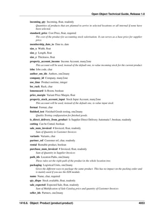 Open Object Technical Guide, Release 1.0
incoming_qty Incoming, ﬂoat, readonly
Quantities of products that are planned to arrive in selected locations or all internal if none have
been selected.
standard_price Cost Price, ﬂoat, required
The cost of the product for accounting stock valorisation. It can serves as a base price for supplier
price.
membership_date_to Date to, date
size_x Width, ﬂoat
size_y Length, ﬂoat
size_z Thickness, ﬂoat
property_account_income Income Account, many2one
This account will be used, instead of the default one, to value incoming stock for the current product
isbn Isbn code, char
author_om_ids Authors, one2many
company_id Company, many2one
use_time Product usetime, integer
loc_rack Rack, char
ismenucard Is Room, boolean
price_margin Variant Price Margin, ﬂoat
property_stock_account_input Stock Input Account, many2one
This account will be used, instead of the default one, to value input stock
format Format, char
ﬁnished_test Finished Goods testing, one2many
Quality Testing conﬁguration for ﬁnished goods.
is_direct_delivery_from_product Is Supplier Direct Delivery Automatic?, boolean, readonly
cutting Can be Cutted, boolean
sale_num_invoiced # Invoiced, ﬂoat, readonly
Sum of Quantity in Customer Invoices
variants Variants, char
partner_ref Customer ref, char, readonly
rental Rentable product, boolean
purchase_num_invoiced # Invoiced, ﬂoat, readonly
Sum of Quantity in Supplier Invoices
path_ids Location Paths, one2many
These rules set the right path of the product in the whole location tree.
packaging Logistical Units, one2many
Gives the different ways to package the same product. This has no impact on the packing order and
is mainly used if you use the EDI module.
name Name, char, required
qty_dispo Stock available, ﬂoat, readonly
sale_expected Expected Sale, ﬂoat, readonly
Sum of Multiﬁcation of Sale Catalog price and quantity of Customer Invoices
seller_ids Partners, one2many

1416.6. Object: Product (product.product)

4053

 