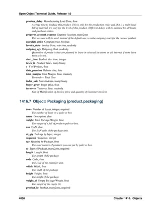 Open Object Technical Guide, Release 1.0
produce_delay Manufacturing Lead Time, ﬂoat
Average time to produce this product. This is only for the production order and, if it is a multi-level
bill of material, it’s only for the level of this product. Different delays will be summed for all levels
and purchase orders.
property_account_expense Expense Account, many2one
This account will be used, instead of the default one, to value outgoing stock for the current product
calculate_price Compute price, boolean
invoice_state Invoice State, selection, readonly
outgoing_qty Outgoing, ﬂoat, readonly
Quantities of products that are planned to leave in selected locations or all internal if none have
been selected.
alert_time Product alert time, integer
taxes_id Product Taxes, many2many
y Y of Product, ﬂoat
date_parution Release date, date
total_margin Total Margin, ﬂoat, readonly
Turnorder - Total Cost
index_sale Sales indexes, many2many
buyer_price Buyer price, ﬂoat
turnover Turnover, ﬂoat, readonly
Sum of Multiﬁcation of Invoice price and quantity of Customer Invoices

1416.7 Object: Packaging (product.packaging)
rows Number of Layer, integer, required
The number of layer on a palet or box
name Description, char
weight Total Package Weight, ﬂoat
The weight of a full of products palet or box.
ean EAN, char
The EAN code of the package unit.
ul_qty Package by layer, integer
sequence Sequence, integer
qty Quantity by Package, ﬂoat
The total number of products you can put by palet or box.
ul Type of Package, many2one, required
length Length, ﬂoat
The length of the package
code Code, char
The code of the transport unit.
width Width, ﬂoat
The width of the package
height Height, ﬂoat
The height of the package
weight_ul Empty Package Weight, ﬂoat
The weight of the empty UL
product_id Product, many2one, required

4058

Chapter 1416. Objects

 