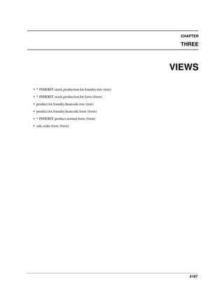 CHAPTER

THREE

VIEWS
• * INHERIT stock.production.lot.foundry.tree (tree)
• * INHERIT stock.production.lot.form (form)
• product.lot.foundry.heatcode.tree (tree)
• product.lot.foundry.heatcode.form (form)
• * INHERIT product.normal.form (form)
• sale.order.form (form)

4187

 