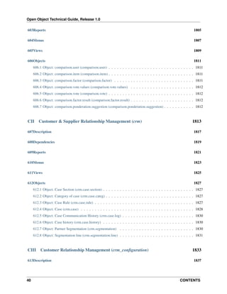 Open Object Technical Guide, Release 1.0
603Reports

1805

604Menus

1807

605Views

1809

606Objects

1811

606.1 Object: comparison.user (comparison.user) . . . . . . . . . . . . . . . . . . . . . . . . . . . . . . . 1811
606.2 Object: comparison.item (comparison.item) . . . . . . . . . . . . . . . . . . . . . . . . . . . . . . . 1811
606.3 Object: comparison.factor (comparison.factor) . . . . . . . . . . . . . . . . . . . . . . . . . . . . . 1811
606.4 Object: comparison.vote.values (comparison.vote.values) . . . . . . . . . . . . . . . . . . . . . . . 1812
606.5 Object: comparison.vote (comparison.vote) . . . . . . . . . . . . . . . . . . . . . . . . . . . . . . . 1812
606.6 Object: comparison.factor.result (comparison.factor.result) . . . . . . . . . . . . . . . . . . . . . . . 1812
606.7 Object: comparison.ponderation.suggestion (comparison.ponderation.suggestion) . . . . . . . . . . . 1812

CII

Customer & Supplier Relationship Management (crm)

1813

607Description

1817

608Dependencies

1819

609Reports

1821

610Menus

1823

611Views

1825

612Objects

1827

612.1 Object: Case Section (crm.case.section) . . . . . . . . . . . . . . . . . . . . . . . . . . . . . . . . . 1827
612.2 Object: Category of case (crm.case.categ) . . . . . . . . . . . . . . . . . . . . . . . . . . . . . . . . 1827
612.3 Object: Case Rule (crm.case.rule) . . . . . . . . . . . . . . . . . . . . . . . . . . . . . . . . . . . . 1827
612.4 Object: Case (crm.case) . . . . . . . . . . . . . . . . . . . . . . . . . . . . . . . . . . . . . . . . . 1828
612.5 Object: Case Communication History (crm.case.log) . . . . . . . . . . . . . . . . . . . . . . . . . . 1830
612.6 Object: Case history (crm.case.history) . . . . . . . . . . . . . . . . . . . . . . . . . . . . . . . . . 1830
612.7 Object: Partner Segmentation (crm.segmentation) . . . . . . . . . . . . . . . . . . . . . . . . . . . 1830
612.8 Object: Segmentation line (crm.segmentation.line) . . . . . . . . . . . . . . . . . . . . . . . . . . . 1831

CIII

Customer Relationship Management (crm_conﬁguration)

613Description

40

1833
1837

CONTENTS

 