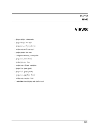 CHAPTER

NINE

VIEWS
• project.project.form (form)
• project.project.tree (tree)
• project.task.work.form (form)
• project.task.work.tree (tree)
• project.project.tree (tree)
• Compute Remaining Hours (form)
• project.task.form (form)
• project.task.tree (tree)
• project.task.calendar (calendar)
• project.task.gantt (gantt)
• project.task.graph (graph)
• project.task.type.form (form)
• project.task.type.tree (tree)
• * INHERIT res.company.task.conﬁg (form)

4523

 