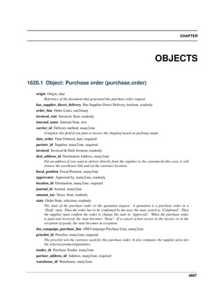 CHAPTER

OBJECTS
1620.1 Object: Purchase order (purchase.order)
origin Origin, char
Reference of the document that generated this purchase order request.
has_supplier_direct_delivery Has Supplier Direct Delivery, boolean, readonly
order_line Order Lines, one2many
invoiced_rate Invoiced, ﬂoat, readonly
internal_notes Internal Note, text
carrier_id Delivery method, many2one
Complete this ﬁeld if you plan to invoice the shipping based on packings made.
date_order Date Ordered, date, required
partner_id Supplier, many2one, required
invoiced Invoiced & Paid, boolean, readonly
dest_address_id Destination Address, many2one
Put an address if you want to deliver directly from the supplier to the customer.In this case, it will
remove the warehouse link and set the customer location.
ﬁscal_position Fiscal Position, many2one
approvator Approved by, many2one, readonly
location_id Destination, many2one, required
journal_id Journal, many2one
amount_tax Taxes, ﬂoat, readonly
state Order State, selection, readonly
The state of the purchase order or the quotation request. A quotation is a purchase order in a
‘Draft’ state. Then the order has to be conﬁrmed by the user, the state switch to ‘Conﬁrmed’. Then
the supplier must conﬁrm the order to change the state to ‘Approved’. When the purchase order
is paid and received, the state becomes ‘Done’. If a cancel action occurs in the invoice or in the
reception of goods, the state becomes in exception.
dm_campaign_purchase_line DM Campaign Purchase Line, many2one
pricelist_id Pricelist, many2one, required
The pricelist sets the currency used for this purchase order. It also computes the supplier price for
the selected products/quantities.
tender_id Purchase Tender, many2one
partner_address_id Address, many2one, required
warehouse_id Warehouse, many2one

4607

 