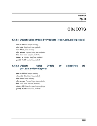 CHAPTER

FOUR

OBJECTS
1764.1 Object: Sales Orders by Products (report.sale.order.product)
count # of Lines, integer, readonly
price_total Total Price, ﬂoat, readonly
name Month, date, readonly
price_average Average Price, ﬂoat, readonly
state Order State, selection, readonly
product_id Product, many2one, readonly
quantity # of Products, ﬂoat, readonly

1764.2 Object:
Sales
Orders
port.sale.order.category)

by

Categories

(re-

count # of Lines, integer, readonly
price_total Total Price, ﬂoat, readonly
name Month, date, readonly
price_average Average Price, ﬂoat, readonly
state Order State, selection, readonly
category_id Categories, many2one, readonly
quantity # of Products, ﬂoat, readonly

4995

 