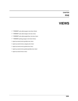 CHAPTER

FIVE

VIEWS
• * INHERIT sale.order.margin.view.form (form)
• * INHERIT sale.order.margin.view.tree (tree)
• * INHERIT sale.order.margin.line.view.tree (tree)
• * INHERIT picking.margin.view.form (form)
• report.account.invoice.product.tree (tree)
• report.account.invoice.category.tree (tree)
• report.account.invoice.partner.tree (tree)
• report.account.invoice.partner.product.tree (tree)
• report.account.invoice (tree)

5269

 