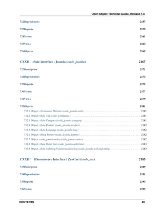 Open Object Technical Guide, Release 1.0
722Dependencies

2157

723Reports

2159

724Menus

2161

725Views

2163

726Objects

2165

CXXII

eSale Interface - Joomla (esale_joomla)

2167

727Description

2171

728Dependencies

2173

729Reports

2175

730Menus

2177

731Views

2179

732Objects

2181

732.1 Object: eCommerce Website (esale_joomla.web) . . . . . . . . . . . . . . . . . . . . . . . . . . . . 2181
732.2 Object: eSale Tax (esale_joomla.tax) . . . . . . . . . . . . . . . . . . . . . . . . . . . . . . . . . . 2181
732.3 Object: eSale Category (esale_joomla.category) . . . . . . . . . . . . . . . . . . . . . . . . . . . . 2181
732.4 Object: eSale Product (esale_joomla.product) . . . . . . . . . . . . . . . . . . . . . . . . . . . . . . 2182
732.5 Object: eSale Language (esale_joomla.lang) . . . . . . . . . . . . . . . . . . . . . . . . . . . . . . 2182
732.6 Object: eShop Partner (esale_joomla.partner) . . . . . . . . . . . . . . . . . . . . . . . . . . . . . . 2182
732.7 Object: esale_joomla.order (esale_joomla.order) . . . . . . . . . . . . . . . . . . . . . . . . . . . . 2182
732.8 Object: eSale Order line (esale_joomla.order.line) . . . . . . . . . . . . . . . . . . . . . . . . . . . 2183
732.9 Object: eSale webshop Synchronisation log (esale_joomla.web.exportlog) . . . . . . . . . . . . . . . 2183

CXXIII

OScommerce Interface / ZenCart (esale_osc)

2185

733Description

2189

734Dependencies

2191

735Reports

2193

736Menus

2195

CONTENTS

49

 