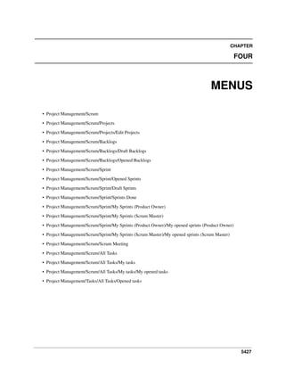 CHAPTER

FOUR

MENUS
• Project Management/Scrum
• Project Management/Scrum/Projects
• Project Management/Scrum/Projects/Edit Projects
• Project Management/Scrum/Backlogs
• Project Management/Scrum/Backlogs/Draft Backlogs
• Project Management/Scrum/Backlogs/Opened Backlogs
• Project Management/Scrum/Sprint
• Project Management/Scrum/Sprint/Opened Sprints
• Project Management/Scrum/Sprint/Draft Sprints
• Project Management/Scrum/Sprint/Sprints Done
• Project Management/Scrum/Sprint/My Sprints (Product Owner)
• Project Management/Scrum/Sprint/My Sprints (Scrum Master)
• Project Management/Scrum/Sprint/My Sprints (Product Owner)/My opened sprints (Product Owner)
• Project Management/Scrum/Sprint/My Sprints (Scrum Master)/My opened sprints (Scrum Master)
• Project Management/Scrum/Scrum Meeting
• Project Management/Scrum/All Tasks
• Project Management/Scrum/All Tasks/My tasks
• Project Management/Scrum/All Tasks/My tasks/My opened tasks
• Project Management/Tasks/All Tasks/Opened tasks

5427

 