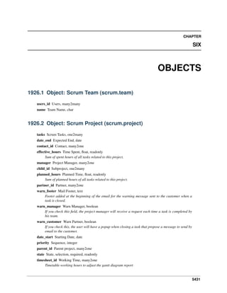 CHAPTER

SIX

OBJECTS
1926.1 Object: Scrum Team (scrum.team)
users_id Users, many2many
name Team Name, char

1926.2 Object: Scrum Project (scrum.project)
tasks Scrum Tasks, one2many
date_end Expected End, date
contact_id Contact, many2one
effective_hours Time Spent, ﬂoat, readonly
Sum of spent hours of all tasks related to this project.
manager Project Manager, many2one
child_id Subproject, one2many
planned_hours Planned Time, ﬂoat, readonly
Sum of planned hours of all tasks related to this project.
partner_id Partner, many2one
warn_footer Mail Footer, text
Footer added at the beginning of the email for the warning message sent to the customer when a
task is closed.
warn_manager Warn Manager, boolean
If you check this ﬁeld, the project manager will receive a request each time a task is completed by
his team.
warn_customer Warn Partner, boolean
If you check this, the user will have a popup when closing a task that propose a message to send by
email to the customer.
date_start Starting Date, date
priority Sequence, integer
parent_id Parent project, many2one
state State, selection, required, readonly
timesheet_id Working Time, many2one
Timetable working hours to adjust the gantt diagram report

5431

 