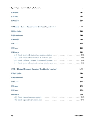 Open Object Technical Guide, Release 1.0
826Menus

2471

827Views

2473

828Objects

2475

CXXXIX

Human Resources Evaluation (hr_evaluation)

2477

829Description

2481

830Dependencies

2483

831Reports

2485

832Menus

2487

833Views

2489

834Objects

2491

834.1 Object: Employee Evaluation (hr_evaluation.evaluation) . . . . . . . . . . . . . . . . . . . . . . . . 2491
834.2 Object: Employee Evaluation Type (hr_evaluation.type) . . . . . . . . . . . . . . . . . . . . . . . . 2491
834.3 Object: Evaluation Type Value (hr_evaluation.type.value) . . . . . . . . . . . . . . . . . . . . . . . 2491
834.4 Object: Employee Evaluation Quote (hr_evaluation.quote) . . . . . . . . . . . . . . . . . . . . . . . 2492

CXL

Human Resources Expenses Tracking (hr_expense)

2493

835Description

2497

836Dependencies

2499

837Reports

2501

838Menus

2503

839Views

2505

840Objects

2507

840.1 Object: Expense (hr.expense.expense) . . . . . . . . . . . . . . . . . . . . . . . . . . . . . . . . . . 2507
840.2 Object: Expense Line (hr.expense.line) . . . . . . . . . . . . . . . . . . . . . . . . . . . . . . . . . 2507

56

CONTENTS

 