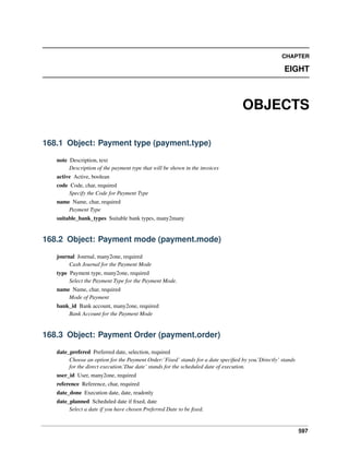 CHAPTER

EIGHT

OBJECTS
168.1 Object: Payment type (payment.type)
note Description, text
Description of the payment type that will be shown in the invoices
active Active, boolean
code Code, char, required
Specify the Code for Payment Type
name Name, char, required
Payment Type
suitable_bank_types Suitable bank types, many2many

168.2 Object: Payment mode (payment.mode)
journal Journal, many2one, required
Cash Journal for the Payment Mode
type Payment type, many2one, required
Select the Payment Type for the Payment Mode.
name Name, char, required
Mode of Payment
bank_id Bank account, many2one, required
Bank Account for the Payment Mode

168.3 Object: Payment Order (payment.order)
date_prefered Preferred date, selection, required
Choose an option for the Payment Order:’Fixed’ stands for a date speciﬁed by you.’Directly’ stands
for the direct execution.’Due date’ stands for the scheduled date of execution.
user_id User, many2one, required
reference Reference, char, required
date_done Execution date, date, readonly
date_planned Scheduled date if ﬁxed, date
Select a date if you have chosen Preferred Date to be ﬁxed.

597

 