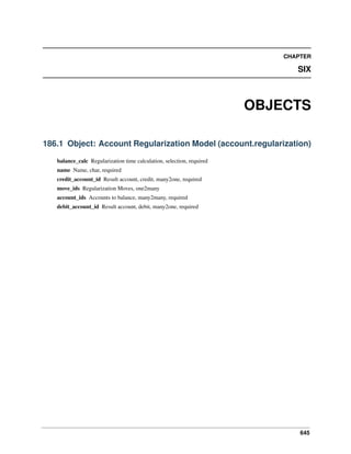 CHAPTER

SIX

OBJECTS
186.1 Object: Account Regularization Model (account.regularization)
balance_calc Regularization time calculation, selection, required
name Name, char, required
credit_account_id Result account, credit, many2one, required
move_ids Regularization Moves, one2many
account_ids Accounts to balance, many2many, required
debit_account_id Result account, debit, many2one, required

645

 