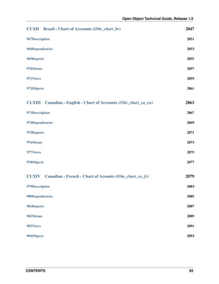 Open Object Technical Guide, Release 1.0

CLXII

Brazil - Chart of Accounts (l10n_chart_br)

2847

967Description

2851

968Dependencies

2853

969Reports

2855

970Menus

2857

971Views

2859

972Objects

2861

CLXIII

Canadian - English - Chart of Accounts (l10n_chart_ca_en)

2863

973Description

2867

974Dependencies

2869

975Reports

2871

976Menus

2873

977Views

2875

978Objects

2877

CLXIV

Canadian - French - Chart of Acounts (l10n_chart_ca_fr)

2879

979Description

2883

980Dependencies

2885

981Reports

2887

982Menus

2889

983Views

2891

984Objects

2893

CONTENTS

65

 