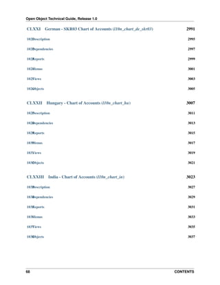 Open Object Technical Guide, Release 1.0

CLXXI

German - SKR03 Chart of Accounts (l10n_chart_de_skr03)

2991

1021 escription
D

2995

1022 ependencies
D

2997

1023 eports
R

2999

1024 enus
M

3001

1025 iews
V

3003

1026 bjects
O

3005

CLXXII

Hungary - Chart of Accounts (l10n_chart_hu)

3007

1027 escription
D

3011

1028 ependencies
D

3013

1029 eports
R

3015

1030 enus
M

3017

1031 iews
V

3019

1032 bjects
O

3021

CLXXIII

India - Chart of Accounts (l10n_chart_in)

3023

1033 escription
D

3027

1034 ependencies
D

3029

1035 eports
R

3031

1036 enus
M

3033

1037 iews
V

3035

1038 bjects
O

3037

68

CONTENTS

 
