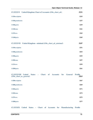 Open Object Technical Guide, Release 1.0

CLXXXVI

United Kingdom Chart of Accounts (l10n_chart_uk)

3231

1111 escription
D

3235

1112 ependencies
D

3237

1113 eports
R

3239

1114 enus
M

3241

1115 iews
V

3243

1116 bjects
O

3245

CLXXXVII

United Kingdom - minimal (l10n_chart_uk_minimal)

3247

1117 escription
D

3251

1118 ependencies
D

3253

1119 eports
R

3255

1120 enus
M

3257

1121 iews
V

3259

1122 bjects
O

3261

CLXXXVIII United States
(l10n_chart_us_general)

-

Chart

of

Accounts

for

General

Proﬁle
3263

1123 escription
D

3267

1124 ependencies
D

3269

1125 eports
R

3271

1126 enus
M

3273

1127 iews
V

3275

1128 bjects
O

3277

CLXXXIX

CONTENTS

United

States

-

Chart

of

Accounts

for

Manufacturing

Proﬁle

73

 
