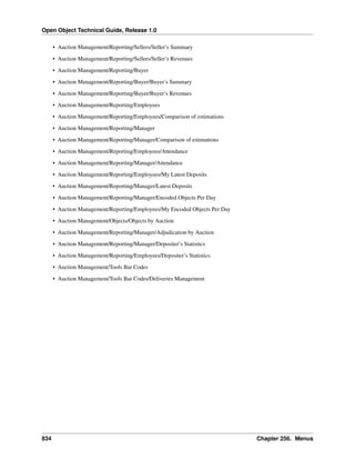 Open Object Technical Guide, Release 1.0
• Auction Management/Reporting/Sellers/Seller’s Summary
• Auction Management/Reporting/Sellers/Seller’s Revenues
• Auction Management/Reporting/Buyer
• Auction Management/Reporting/Buyer/Buyer’s Summary
• Auction Management/Reporting/Buyer/Buyer’s Revenues
• Auction Management/Reporting/Employees
• Auction Management/Reporting/Employees/Comparison of estimations
• Auction Management/Reporting/Manager
• Auction Management/Reporting/Manager/Comparison of estimations
• Auction Management/Reporting/Employees/Attendance
• Auction Management/Reporting/Manager/Attendance
• Auction Management/Reporting/Employees/My Latest Deposits
• Auction Management/Reporting/Manager/Latest Deposits
• Auction Management/Reporting/Manager/Encoded Objects Per Day
• Auction Management/Reporting/Employees/My Encoded Objects Per Day
• Auction Management/Objects/Objects by Auction
• Auction Management/Reporting/Manager/Adjudication by Auction
• Auction Management/Reporting/Manager/Depositer’s Statistics
• Auction Management/Reporting/Employees/Depositer’s Statistics
• Auction Management/Tools Bar Codes
• Auction Management/Tools Bar Codes/Deliveries Management

834

Chapter 256. Menus

 