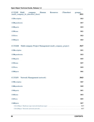 Open Object Technical Guide, Release 1.0

CCXXII Multi
company
Human
(multi_company_hr_timesheet_sheet)

Resources

(Timesheet

groups)
3811

1327 escription
D

3815

1328 ependencies
D

3817

1329 eports
R

3819

1330 enus
M

3821

1331 iews
V

3823

1332 bjects
O

3825

CCXXIII

Multi company Project Management (multi_company_project)

3827

1333 escription
D

3831

1334 ependencies
D

3833

1335 eports
R

3835

1336 enus
M

3837

1337 iews
V

3839

1338 bjects
O

3841

CCXXIV

Network Management (network)

3843

1339 escription
D

3847

1340 ependencies
D

3849

1341 eports
R

3851

1342 enus
M

3853

1343 iews
V

3855

1344 bjects
O

3857

1344.1Object: Hardware type (network.hardware.type) . . . . . . . . . . . . . . . . . . . . . . . . . . . . 3857
1344.2Object: Network (network.network) . . . . . . . . . . . . . . . . . . . . . . . . . . . . . . . . . . . 3857

86

CONTENTS

 