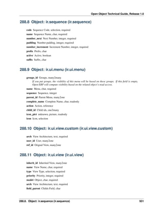 Open Object Technical Guide, Release 1.0

288.8 Object: ir.sequence (ir.sequence)
code Sequence Code, selection, required
name Sequence Name, char, required
number_next Next Number, integer, required
padding Number padding, integer, required
number_increment Increment Number, integer, required
preﬁx Preﬁx, char
active Active, boolean
sufﬁx Sufﬁx, char

288.9 Object: ir.ui.menu (ir.ui.menu)
groups_id Groups, many2many
If you put groups, the visibility of this menu will be based on these groups. If this ﬁeld is empty,
Open ERP will compute visibility based on the related object’s read access.
name Menu, char, required
sequence Sequence, integer
parent_id Parent Menu, many2one
complete_name Complete Name, char, readonly
action Action, reference
child_id Child ids, one2many
icon_pict unknown, picture, readonly
icon Icon, selection

288.10 Object: ir.ui.view.custom (ir.ui.view.custom)
arch View Architecture, text, required
user_id User, many2one
ref_id Orignal View, many2one

288.11 Object: ir.ui.view (ir.ui.view)
inherit_id Inherited View, many2one
name View Name, char, required
type View Type, selection, required
priority Priority, integer, required
model Object, char, required
arch View Architecture, text, required
ﬁeld_parent Childs Field, char

288.8. Object: ir.sequence (ir.sequence)

931

 