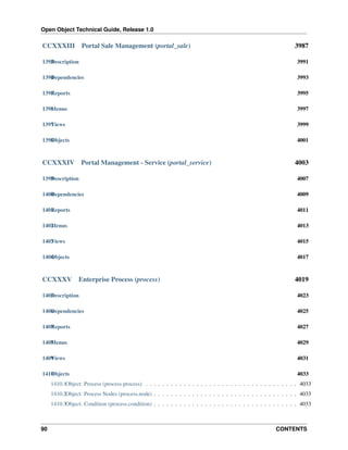 Open Object Technical Guide, Release 1.0

CCXXXIII

Portal Sale Management (portal_sale)

3987

1393 escription
D

3991

1394 ependencies
D

3993

1395 eports
R

3995

1396 enus
M

3997

1397 iews
V

3999

1398 bjects
O

4001

CCXXXIV

Portal Management - Service (portal_service)

4003

1399 escription
D

4007

1400 ependencies
D

4009

1401 eports
R

4011

1402 enus
M

4013

1403 iews
V

4015

1404 bjects
O

4017

CCXXXV

Enterprise Process (process)

4019

1405 escription
D

4023

1406 ependencies
D

4025

1407 eports
R

4027

1408 enus
M

4029

1409 iews
V

4031

1410 bjects
O

4033

1410.1Object: Process (process.process) . . . . . . . . . . . . . . . . . . . . . . . . . . . . . . . . . . . . 4033
1410.2Object: Process Nodes (process.node) . . . . . . . . . . . . . . . . . . . . . . . . . . . . . . . . . . 4033
1410.3Object: Condition (process.condition) . . . . . . . . . . . . . . . . . . . . . . . . . . . . . . . . . . 4033

90

CONTENTS

 