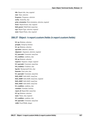Open Object Technical Guide, Release 1.0
title Report title, char, required
state State, selection
frequency Frequency, selection
sortby Sorted By, char
print_orientation Print orientation, selection, required
footer Report Footer, char, required
ﬁeld_parent Child Field, many2one
type Report Type, selection, required
name Report Name, char, required

288.27 Object: ir.report.custom.ﬁelds (ir.report.custom.ﬁelds)
fc2_op Relation, selection
groupby Group by, boolean
fc1_op Relation, selection
operation unknown, selection
alignment Alignment, selection, required
fc2_operande Constraint, many2one
fc2_condition condition, char
fc0_op Relation, selection
sequence Sequence, integer, required
fc3_operande Constraint, many2one
fc0_condition Condition, char
bgcolor Background Color, char
fontcolor Font color, char
fc1_operande Constraint, many2one
ﬁeld_child1 ﬁeld child1, many2one
ﬁeld_child0 ﬁeld child0, many2one, required
ﬁeld_child3 ﬁeld child3, many2one
ﬁeld_child2 ﬁeld child2, many2one
fc1_condition condition, char
cumulate Cumulate, boolean
report_id Report Ref, many2one
fc3_op Relation, selection
name Name, char, required
fc3_condition condition, char
fc0_operande Constraint, many2one
width Fixed Width, integer

288.27. Object: ir.report.custom.ﬁelds (ir.report.custom.ﬁelds)

937

 