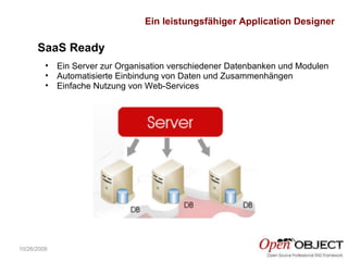 10/26/2009 Ein Server zur Organisation verschiedener Datenbanken und Modulen Automatisierte Einbindung von Daten und Zusammenhängen Einfache Nutzung von Web-Services SaaS Ready A high level  application  designer Ein leistungsfähiger Application Designer 