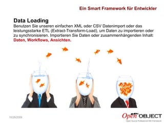 10/26/2009 Data Loading Benutzen Sie unseren einfachen XML oder CSV Datenimport oder das leistungsstarke ETL (Extract-Transform-Load), um Daten zu importieren oder zu synchronisieren. Importieren Sie Daten oder zusammenhängenden Inhalt:  Daten, Workflows, Ansichten. Ein Smart Framework für Entwickler 