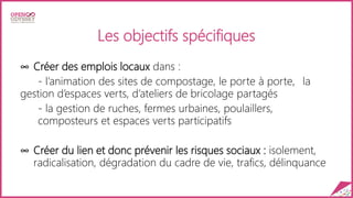 Les objectifs spécifiques
∞ Créer des emplois locaux dans :
- l’animation des sites de compostage, le porte à porte, la
gestion d’espaces verts, d’ateliers de bricolage partagés
- la gestion de ruches, fermes urbaines, poulaillers,
composteurs et espaces verts participatifs
∞ Créer du lien et donc prévenir les risques sociaux : isolement,
radicalisation, dégradation du cadre de vie, trafics, délinquance
 