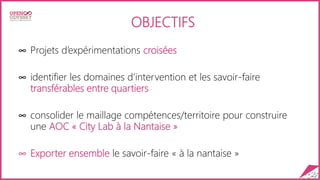 OBJECTIFS
∞ Projets d’expérimentations croisées
∞ identifier les domaines d’intervention et les savoir-faire
transférables entre quartiers
∞ consolider le maillage compétences/territoire pour construire
une AOC « City Lab à la Nantaise »
∞ Exporter ensemble le savoir-faire « à la nantaise »
 
