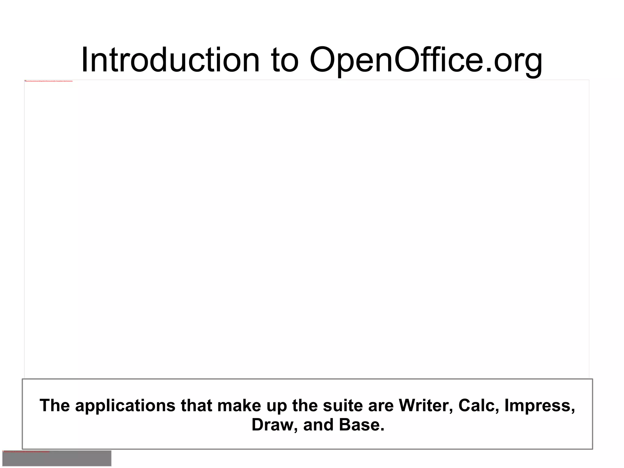 Introduction to OpenOffice.org The applications that make up the suite are Writer, Calc, Impress, Draw, and Base. 