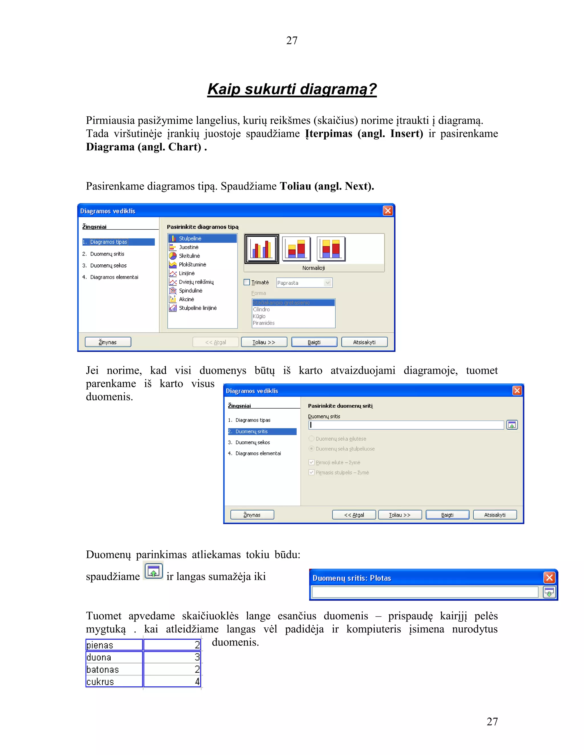 27
27
Kaip sukurti diagramą?
Pirmiausia pasižymime langelius, kurių reikšmes (skaičius) norime įtraukti į diagramą.
Tada viršutinėje įrankių juostoje spaudžiame Įterpimas (angl. Insert) ir pasirenkame
Diagrama (angl. Chart) .
Pasirenkame diagramos tipą. Spaudžiame Toliau (angl. Next).
Jei norime, kad visi duomenys būtų iš karto atvaizduojami diagramoje, tuomet
parenkame iš karto visus
duomenis.
Duomenų parinkimas atliekamas tokiu būdu:
spaudžiame ir langas sumažėja iki
Tuomet apvedame skaičiuoklės lange esančius duomenis – prispaudę kairįjį pelės
mygtuką . kai atleidžiame langas vėl padidėja ir kompiuteris įsimena nurodytus
duomenis.
 