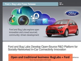 Open and traditional business: BugLabs + Ford
              Source: http://www.buglabs.net/ford-buglabs
 